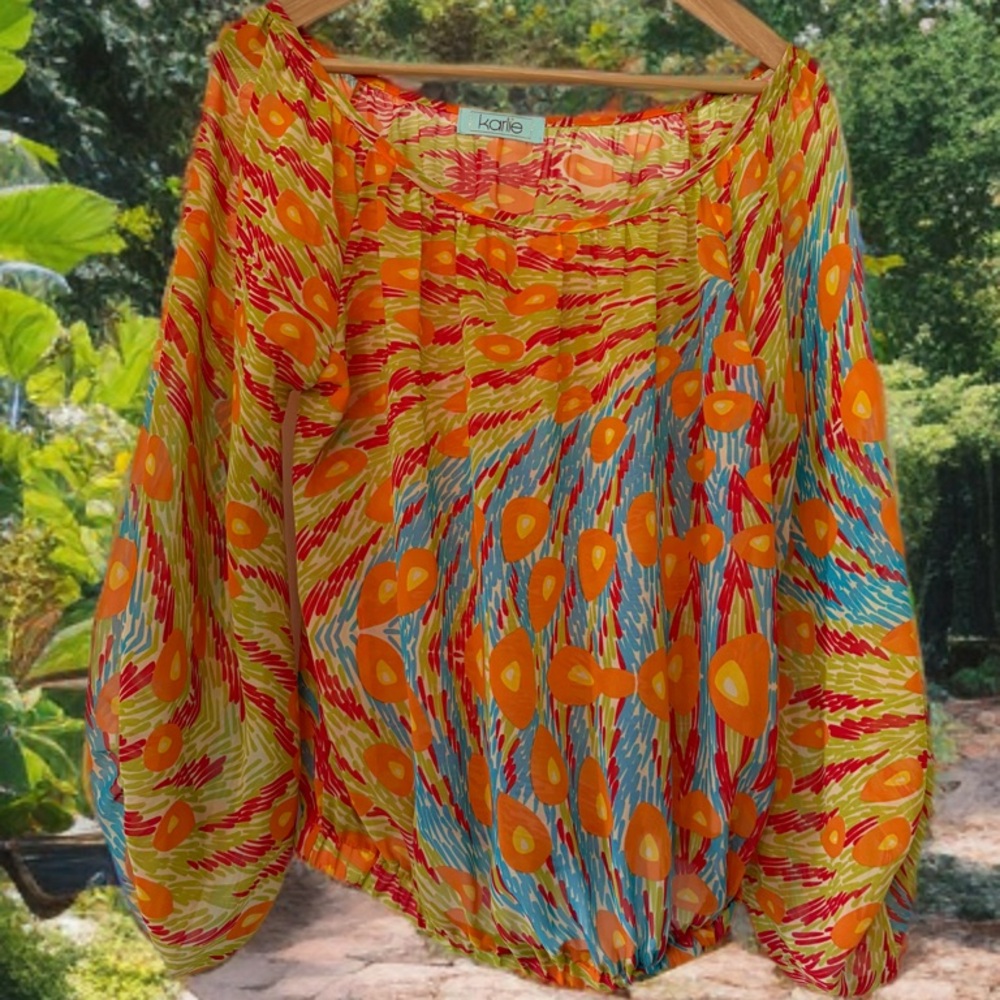 VTG 70’s-80’s Off-Shoulder Sheer Flowy Blouse w/Vibrant Retro Disco design M - Picture 1 of 7